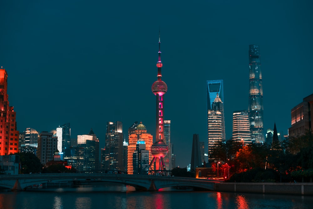 city skyline during night time