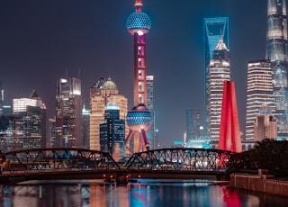 city skyline across body of water during night time