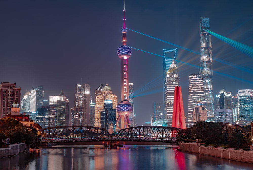 city skyline during night time