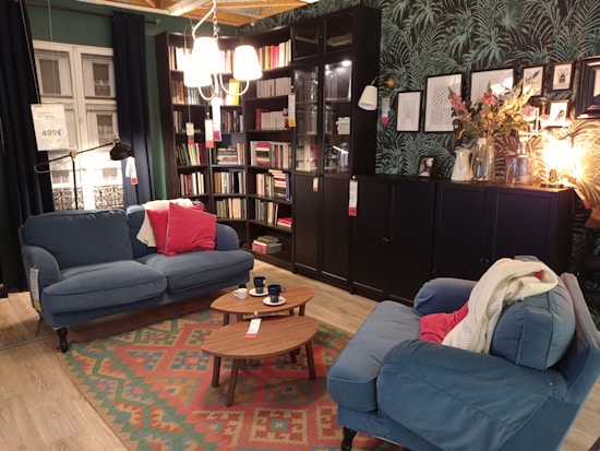 A cozy living room setup with two blue sofas accented by red and beige cushions. There is a wooden coffee table with several dark cups on it over a colorful patterned rug. The wall features a large bookshelf filled with books next to a dark cabinet with decorative items on top, including framed pictures and a plant. A unique light fixture hangs above, and a lamp provides additional warm lighting.
