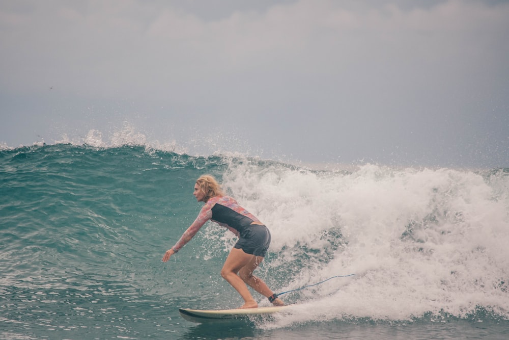 woman in blue and black wetsuit surfing on sea waves during daytime