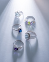 A collection of elegant rings arranged beautifully.