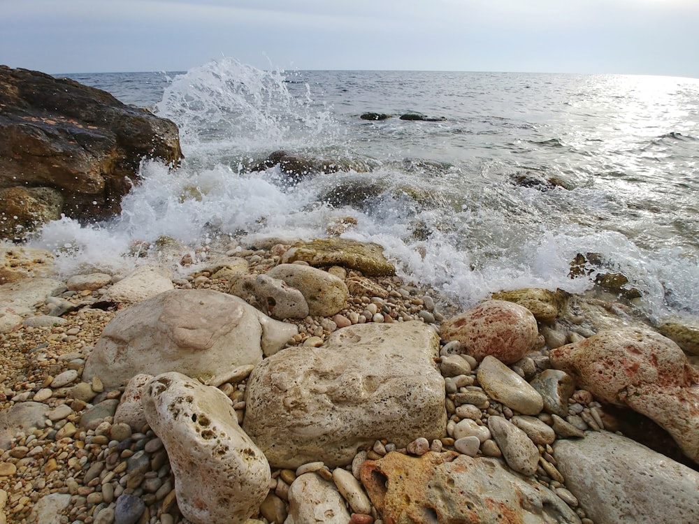 rochas marrons e cinzentas perto do corpo de água durante o dia