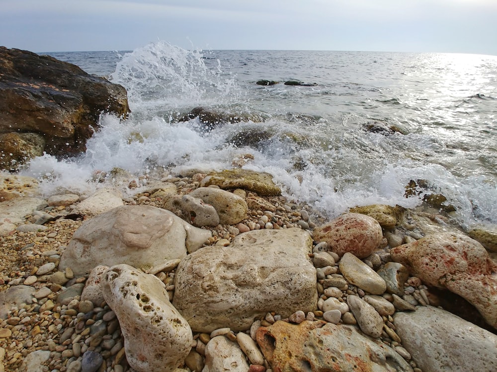 brown and gray rocks near body of water during daytime