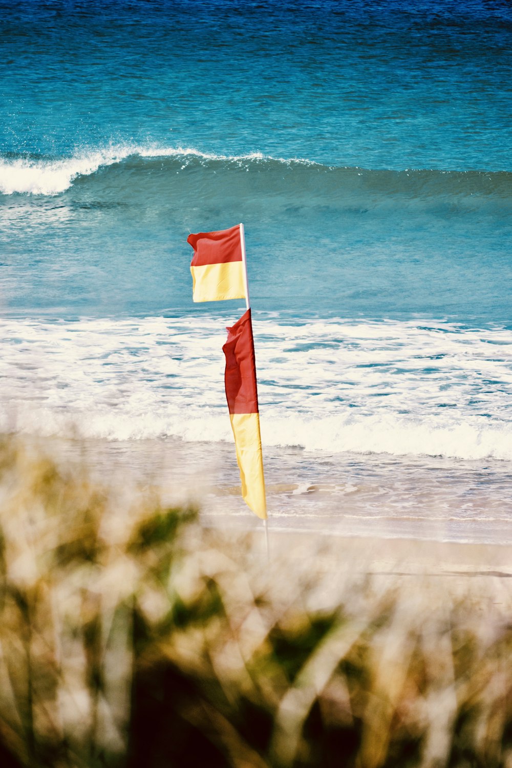 red and white flag on green grass field near body of water during daytime