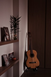 Smiling customer holding a classic guitar in a cozy, minimalist room.