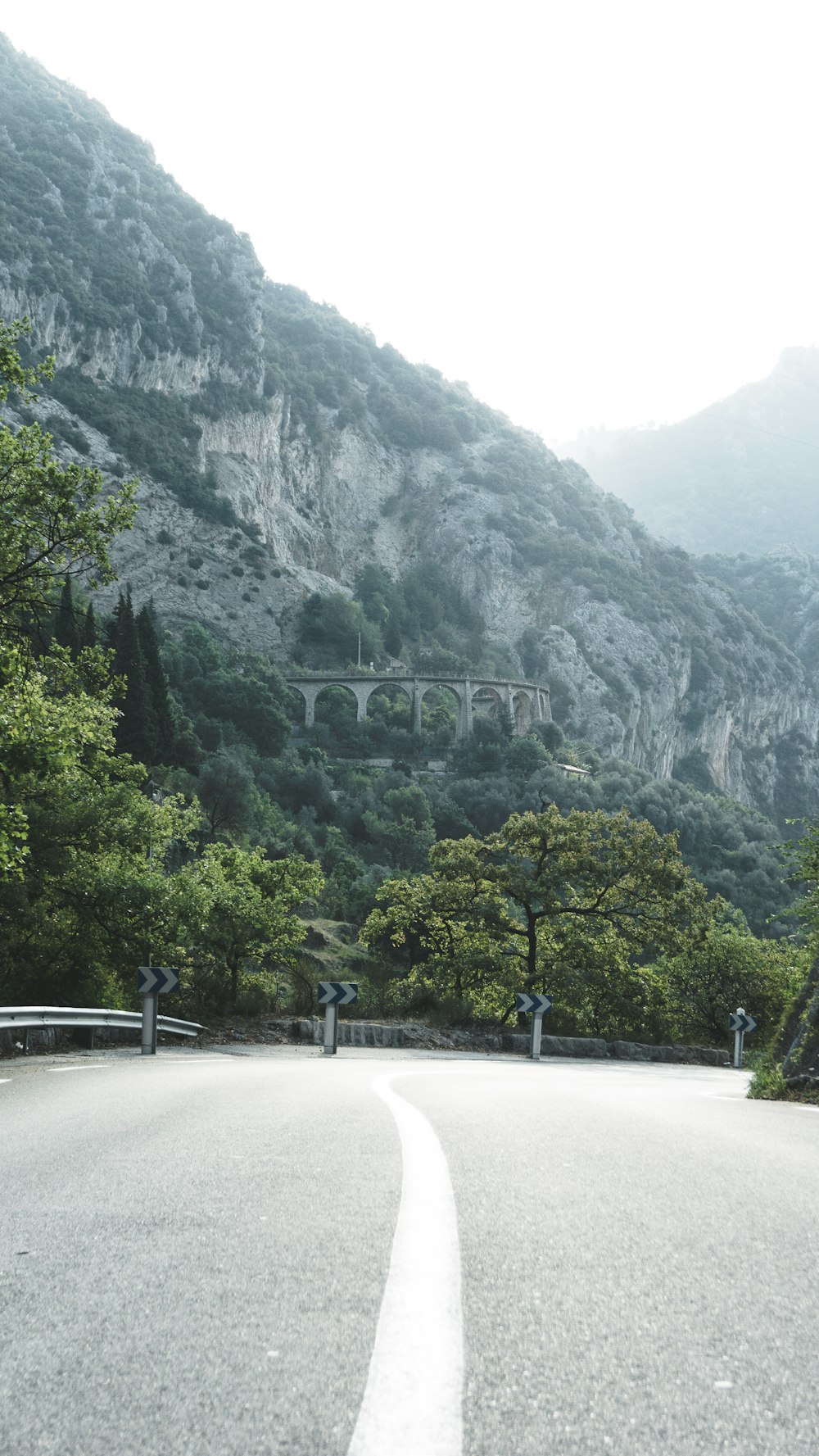 gray concrete road near green trees and mountain during daytime