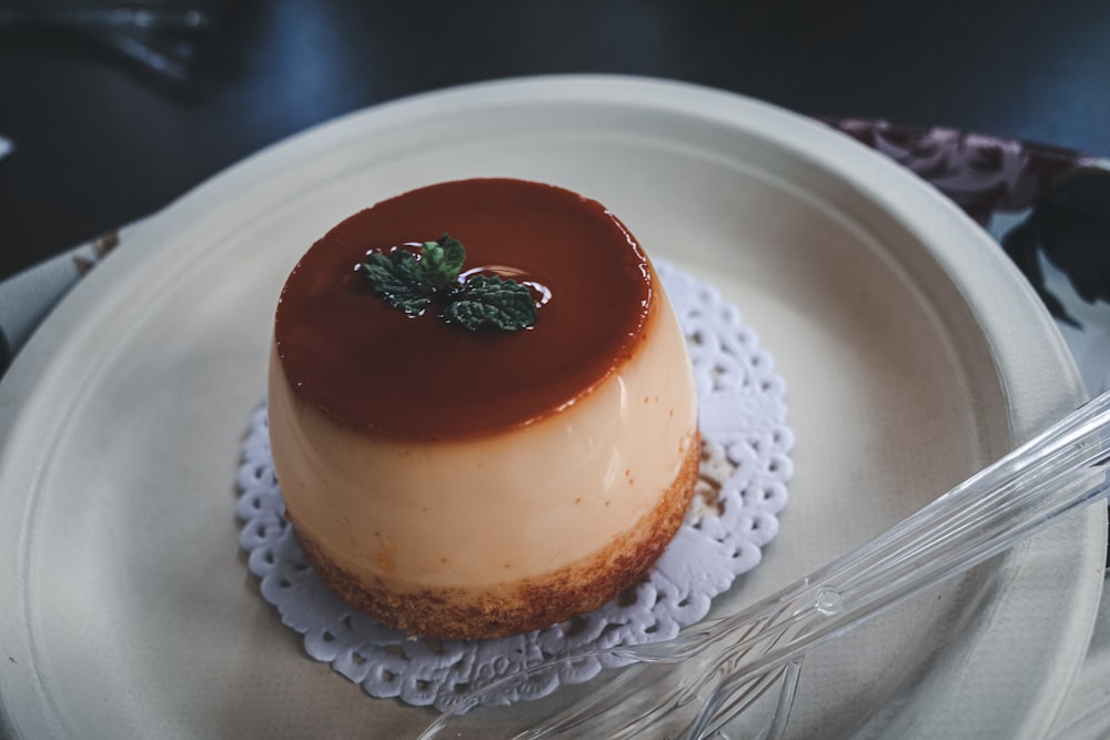 brown cake on white ceramic plate