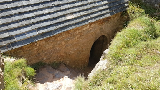 A stone structure with a dark entrance is partially buried in the ground, surrounded by lush green grass. The structure has a roof made of slate tiles with visible texture. The entrance appears to lead downwards into darkness. Steps made of stone lead to the entrance, adding a sense of mystery and antiquity.