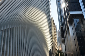 A modern architectural scene featuring a large building with a distinct, flowing design composed of white vertical slats. Sunlight creates patterns of light and shadow on the structure. In the foreground, modern glass and steel buildings reflect the light. Skyscrapers are visible in the background, hinting at an urban environment.