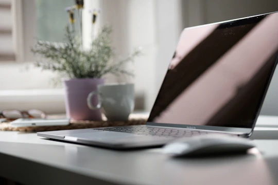 An elegant desk with a sleek laptop, a blush pink notebook, a small potted plant, and soft natural light.
