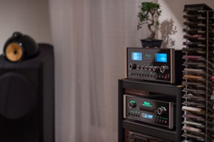 A room setup featuring high-end audio equipment, including a pair of McIntosh audio components stacked on a black rack. To the left, there is a large black speaker with a yellow conical diaphragm. In the background, a small potted plant is visible on top of the rack, and to the right of the rack, there are shelves holding various disks or CDs. The lighting is low and ambient, creating a cozy atmosphere.