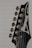 The image features a close-up view of the headstock of an electric guitar. The headstock is black with chrome tuning pegs and string winds visible. The brand name is prominently displayed in white lettering across the surface. The strings extend down from the tuning pegs.