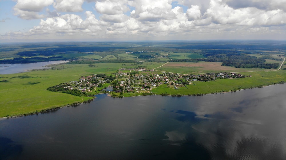 aerial view of green grass field and green trees near lake during daytime