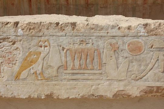 Carved stone relief with ancient Egyptian hieroglyphics, including an owl, a seated figure, a sun disk, and other symbols.