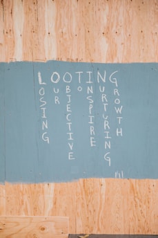 A painted section on a wooden board featuring vertically arranged words forming an acronym: LOOTING, with each letter starting a word. The words are written in white paint on a sky-blue background, contrasting with the natural wood color around it.