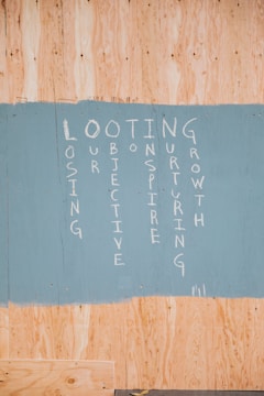 A painted section on a wooden board featuring vertically arranged words forming an acronym: LOOTING, with each letter starting a word. The words are written in white paint on a sky-blue background, contrasting with the natural wood color around it.