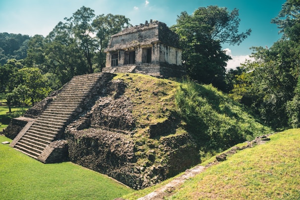 An ancient stone structure, resembling a Mayan temple, stands prominently amid dense vegetation. The building features steep stairs leading up to a small, partially ruined temple atop a rectangular pyramid platform. Surrounding the structure are lush green grasses and tall trees, creating a serene and secluded atmosphere.
