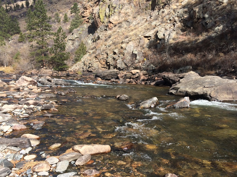 brown rocky mountain beside river during daytime