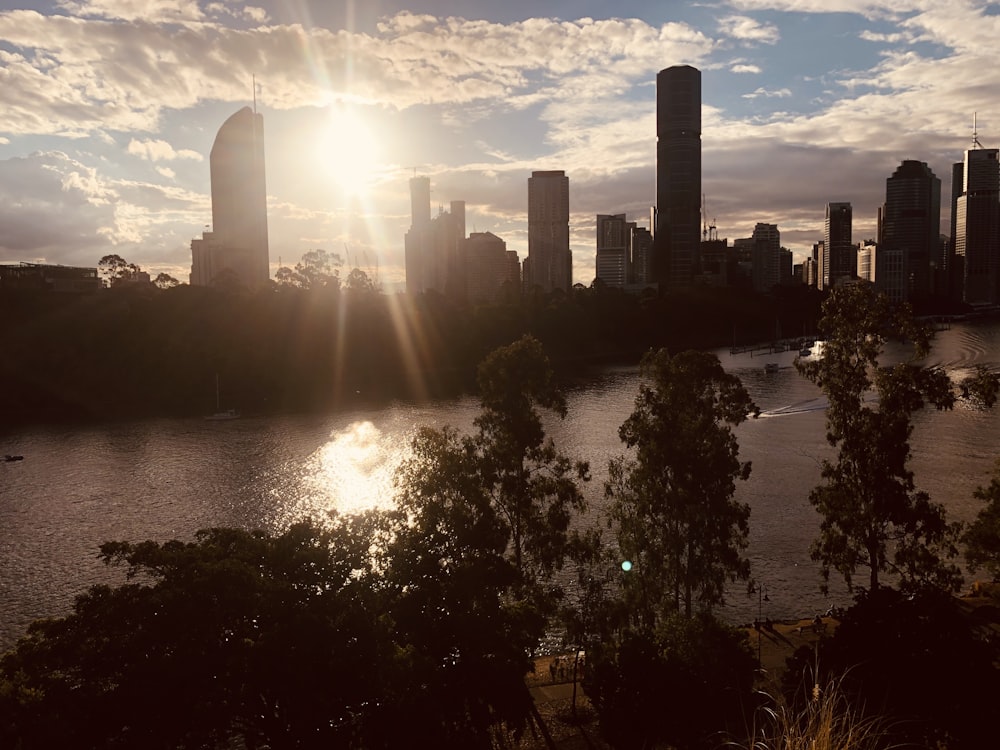 body of water between trees and buildings during daytime