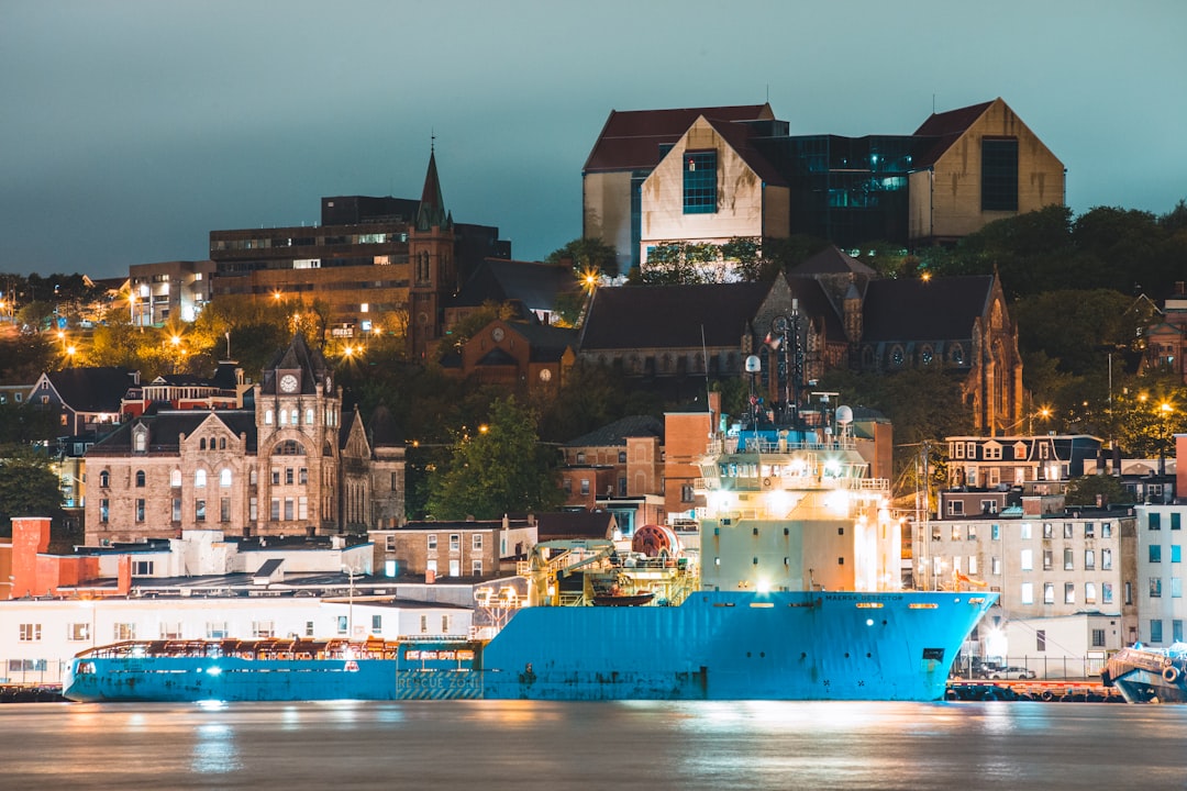 blue and white ship on dock near city buildings during night time