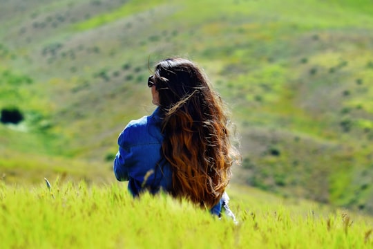 woman in blue jacket sitting on green grass field during daytime in سرخه حصار، Tehran Iran