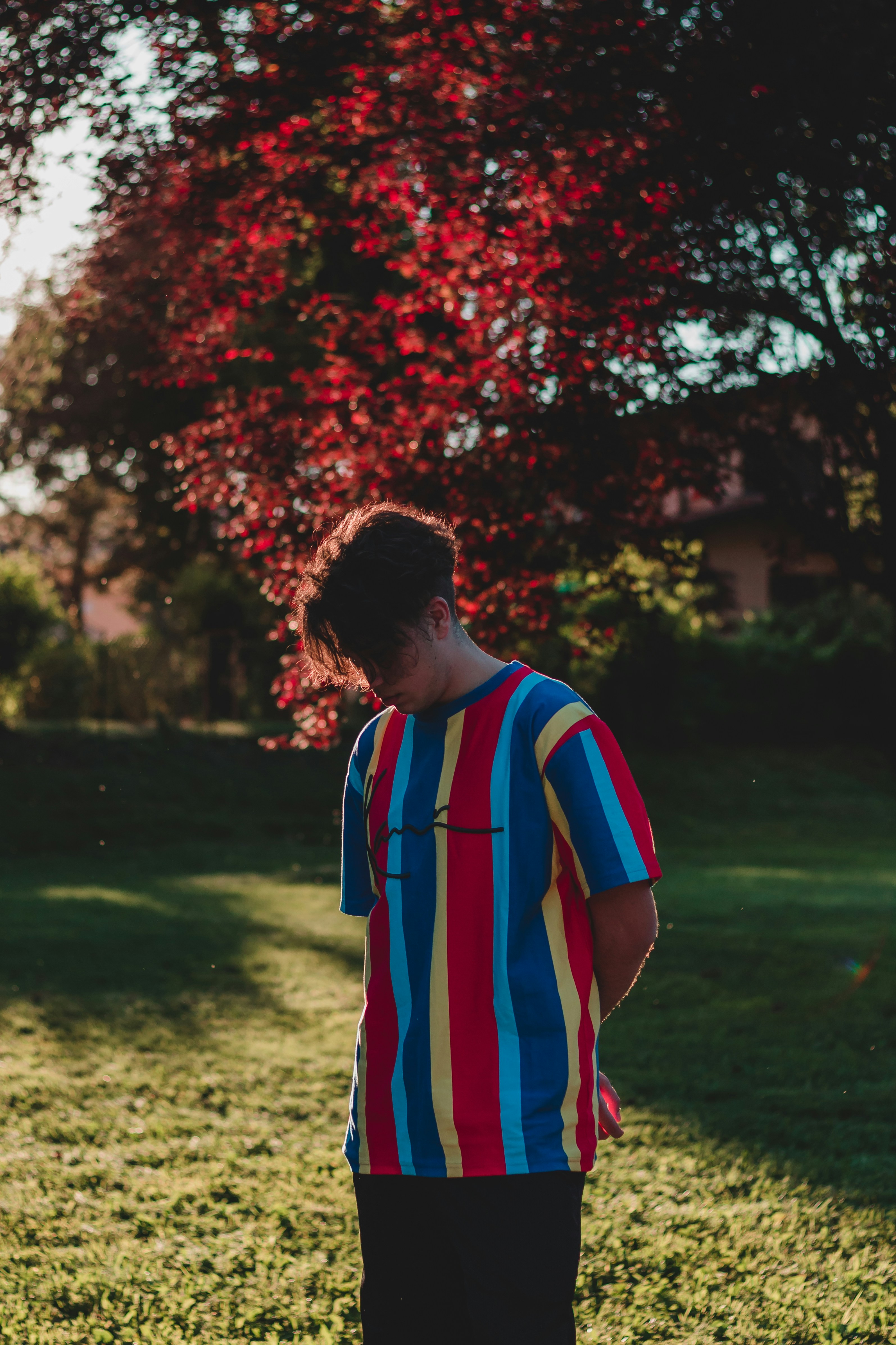 man in red white and blue stripe polo shirt standing near red leaf tree during daytime