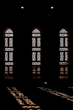 red and blue arch window