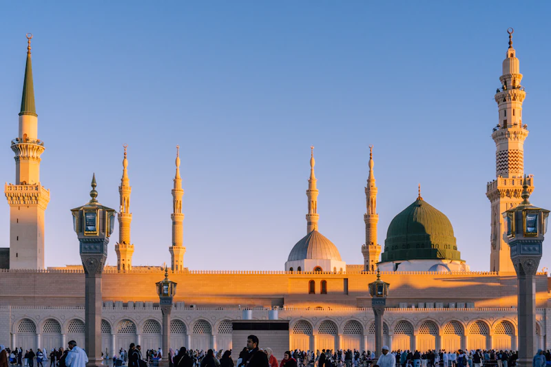 Masjid an-Nabawi skyline at golden hour, Madinah