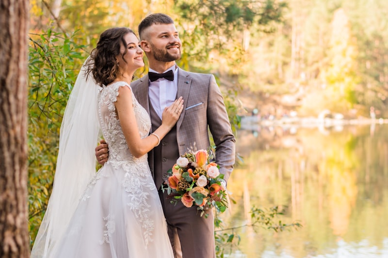 Bride and groom portrait at golden hour