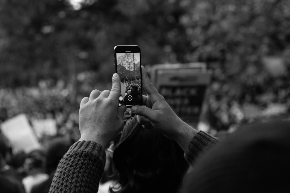 grayscale photo of woman taking photo of trees