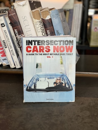 A collection of books is displayed, with one prominent book titled 'Intersection Cars Now' at the forefront. The book cover features a person driving a car, wearing sunglasses, set against a backdrop of blue and white designs. Surrounding books have titles about architecture and sculpture.