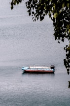 A small boat with a light blue and red color scheme floats on a calm body of water, surrounded by gentle ripples. The boat appears to have a canopy frame over its seating area and is powered by a Mercury outboard motor. In the foreground, some leaves hanging from a branch partially frame the scene from above.