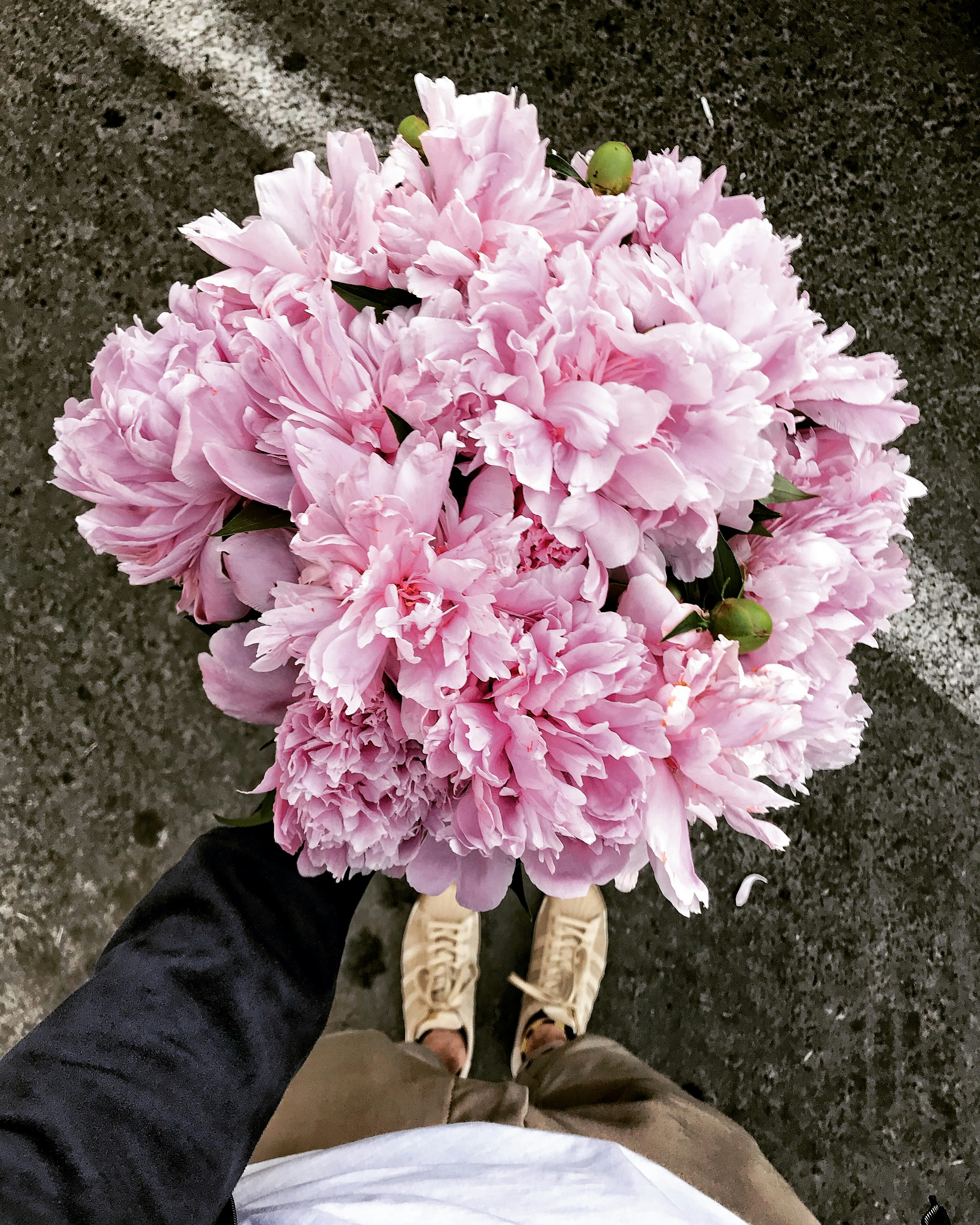 person in brown leather boots standing in front of pink flowers