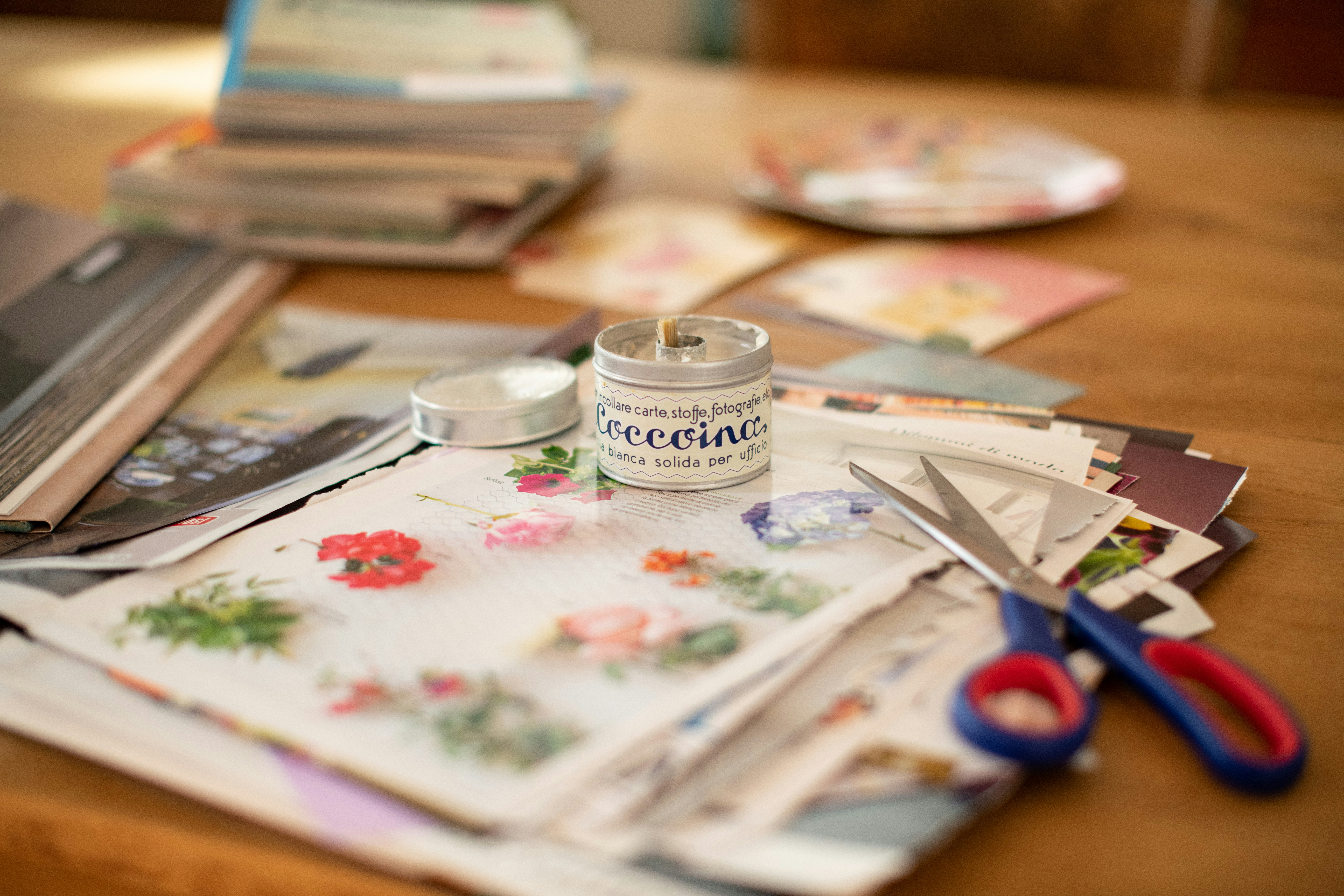 scrapbooking and paper crafting with coccoina glue pot and scissors