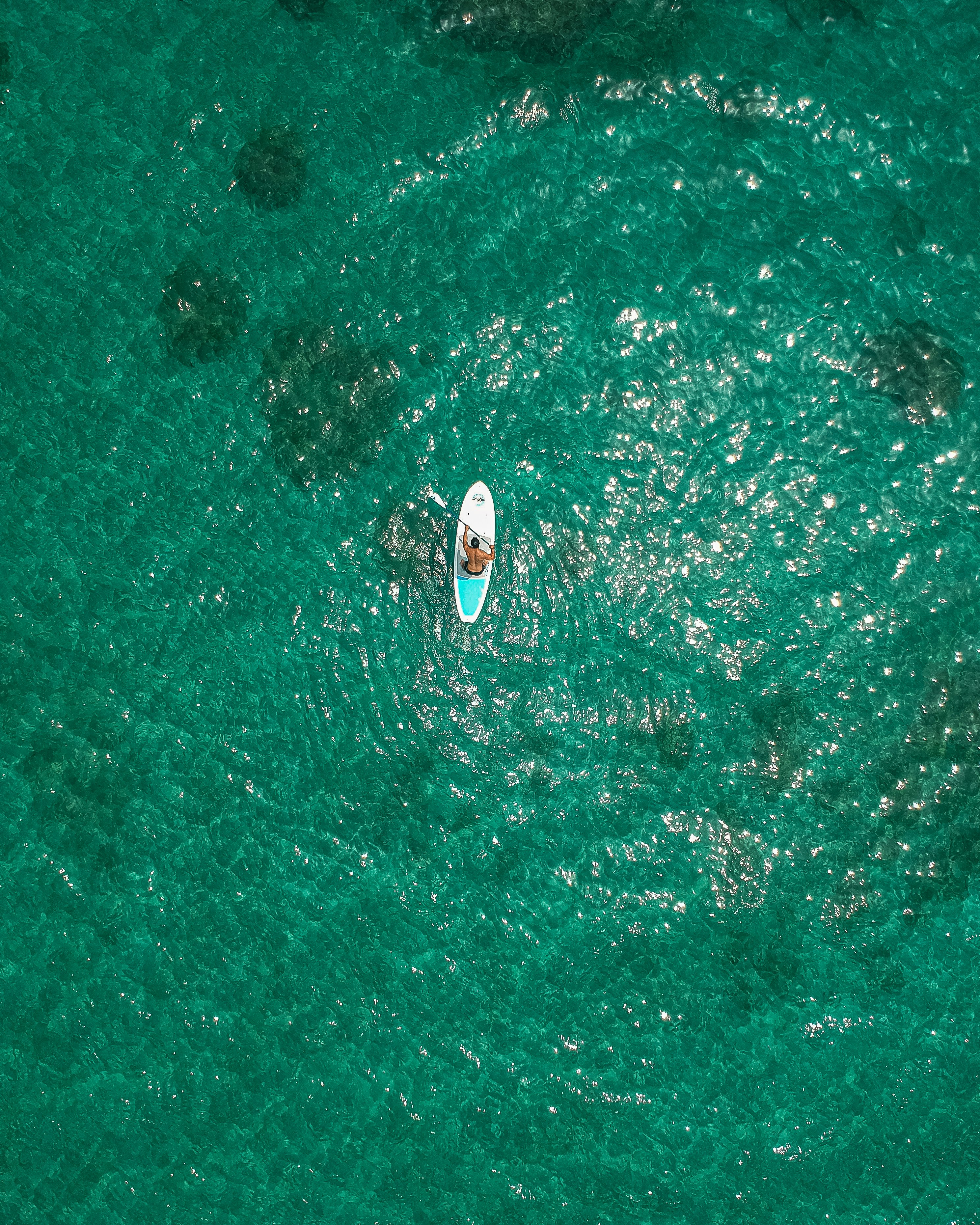 aerial view of white and red boat on green sea during daytime