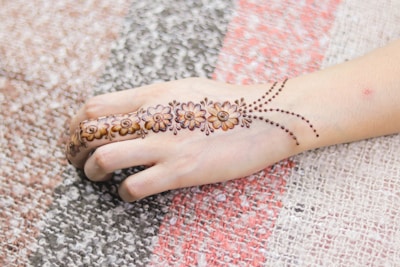 A hand adorned with intricate henna design featuring floral patterns and dotted lines. The background consists of a textured, multi-colored fabric.