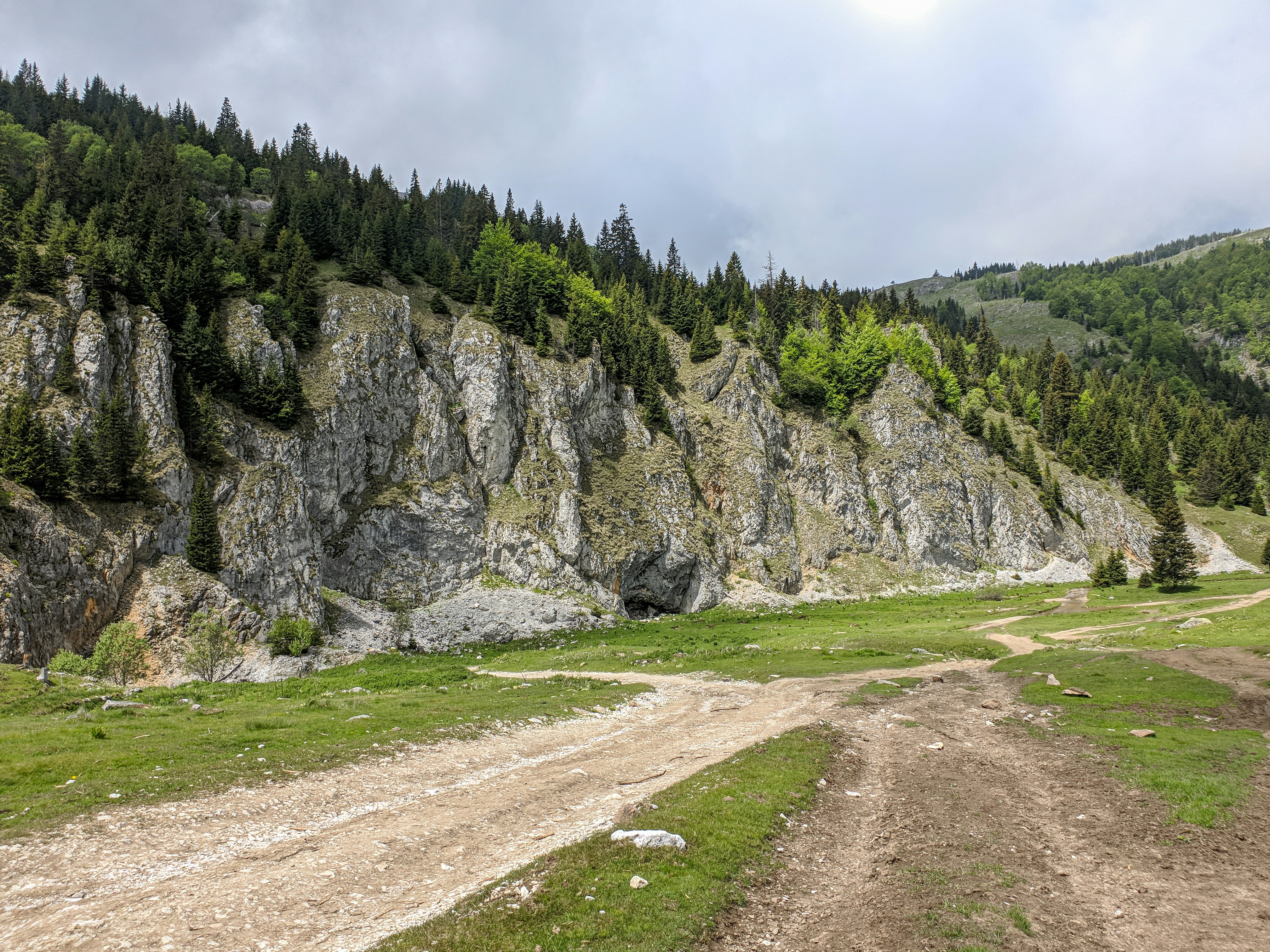 green grass field near gray rocky mountain under white cloudy sky during daytime