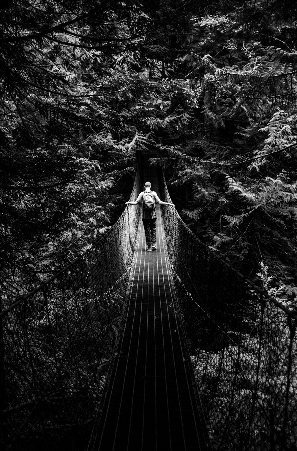 grayscale photo of hanging bridge