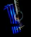 A close-up of a deep blue guitar resting against a noir-themed backdrop with subtle sea wave patterns.