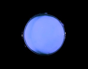 A round petri dish containing a light blue substance, set against a black background. The edges of the dish are barely visible, creating a glowing illusion.