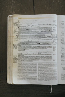 The pages of a well-read Bible with notes and highlights marking meaningful passages.