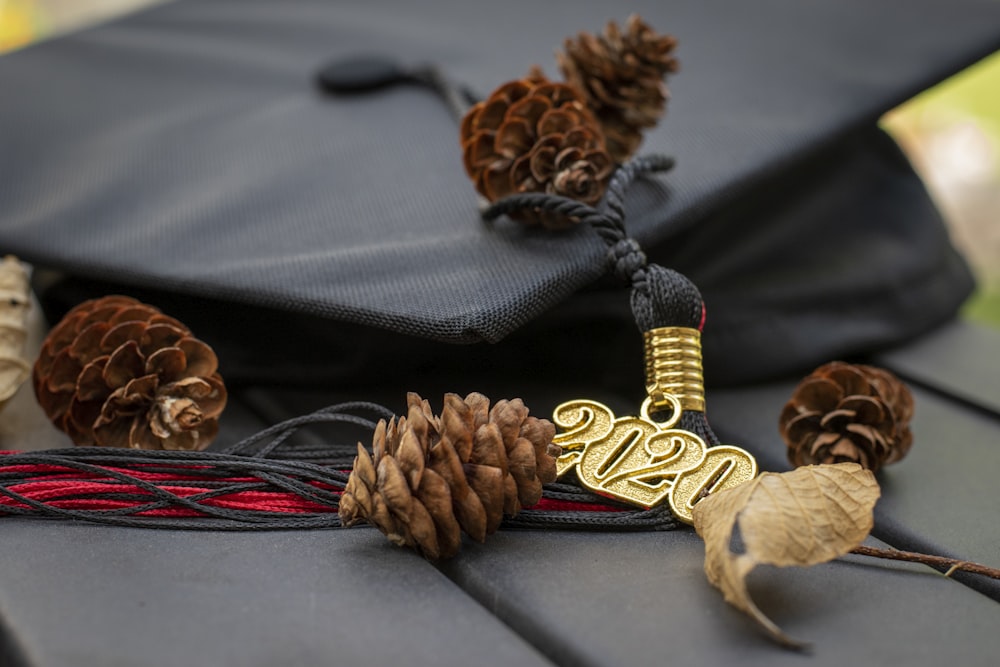 brown pine cone on black textile