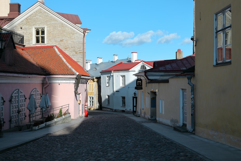 a cobblestone street in a small town