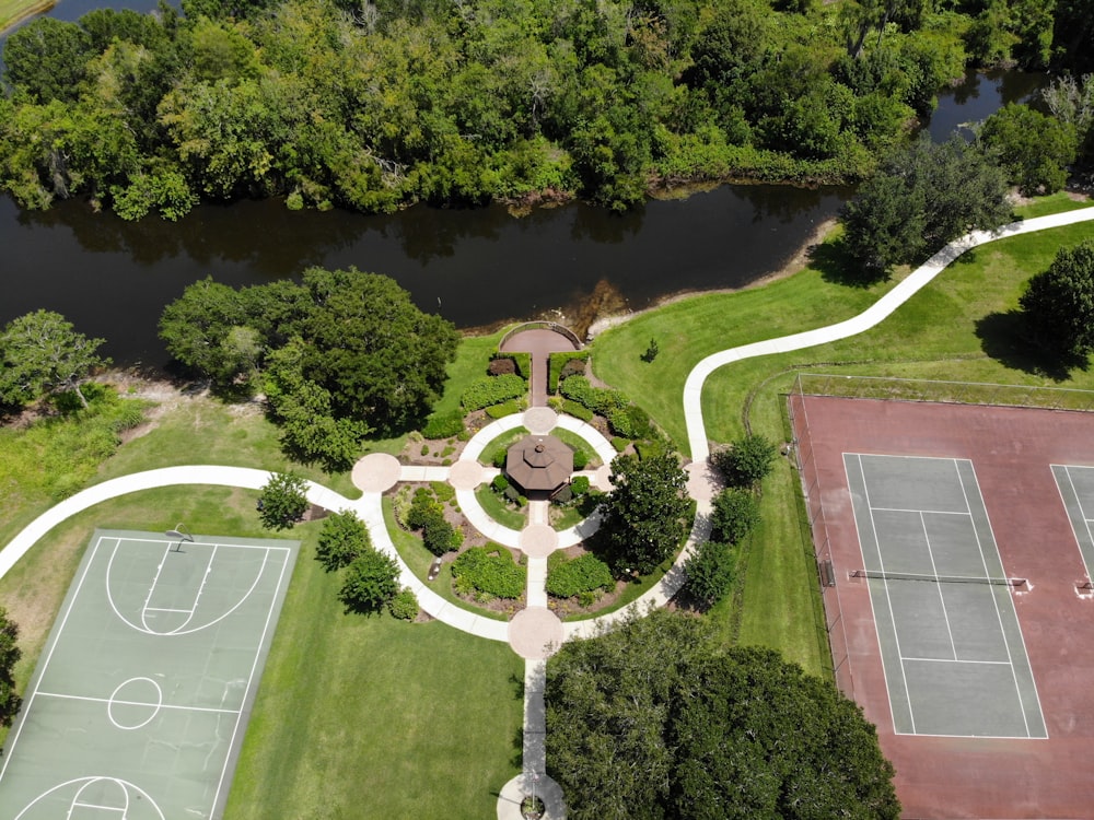 aerial view of green trees and green grass field