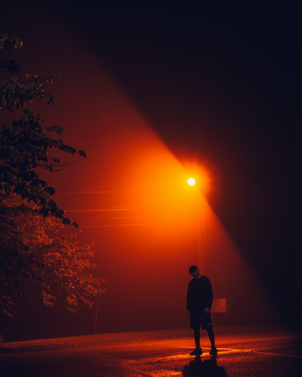 man in black jacket standing near tree during night time
