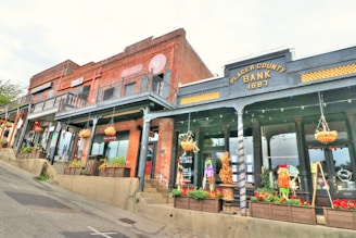 The image depicts a street view of several vintage-style buildings. The building on the right is labeled 'Placer County Bank 1881'. The facade is dark gray with yellow accents, and it features a large glass display window with mannequins and hanging baskets. To the left are more buildings with red brick exteriors and balconies. They are decorated with plants and also have large glass windows displaying various items. The street is sloped, and it appears to be a somewhat quaint and charming part of town.