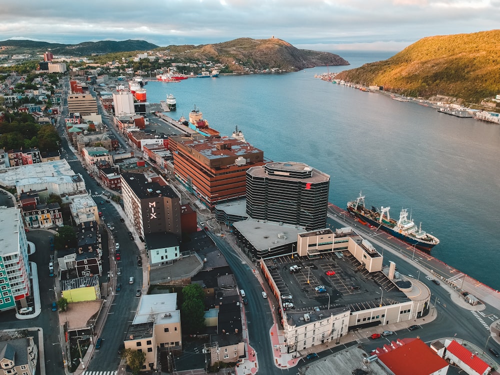 aerial view of city buildings near body of water during daytime