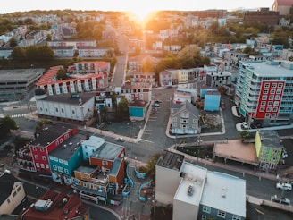 An aerial view of a vibrant urban neighborhood.