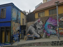 Vibrant street art decorates the side of buildings, with a large mural of a cat facing colorful fish on one wall and a depiction reminiscent of Van Gogh on another. Two people are setting up what appears to be scaffolding near the artwork, suggesting ongoing work.
